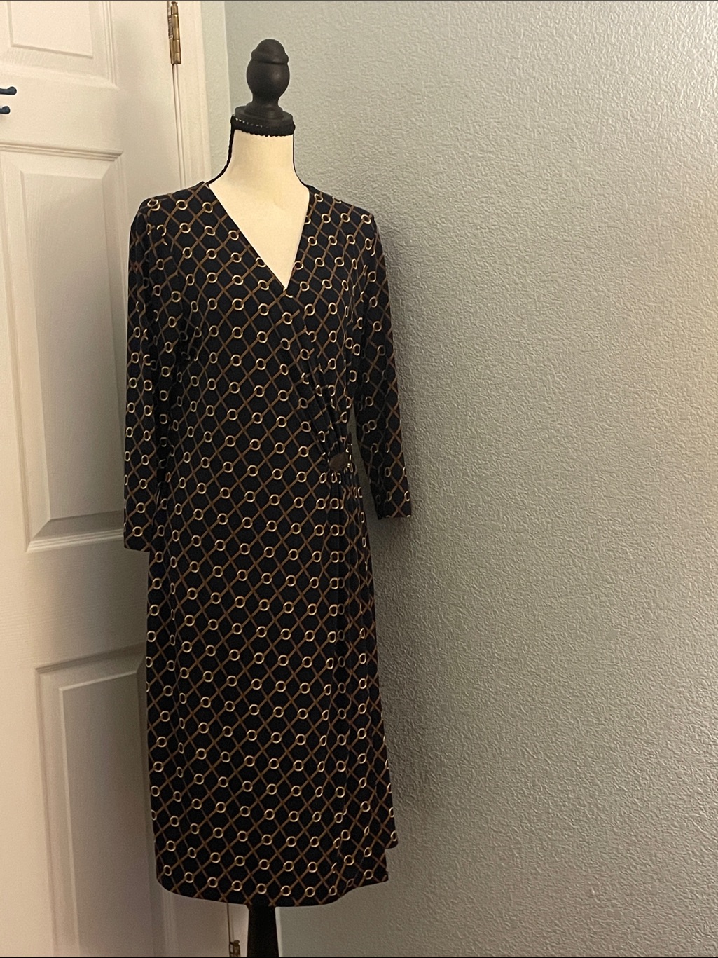 Charter Club Black & Gold Wrap Midi Dress With Chain Pattern